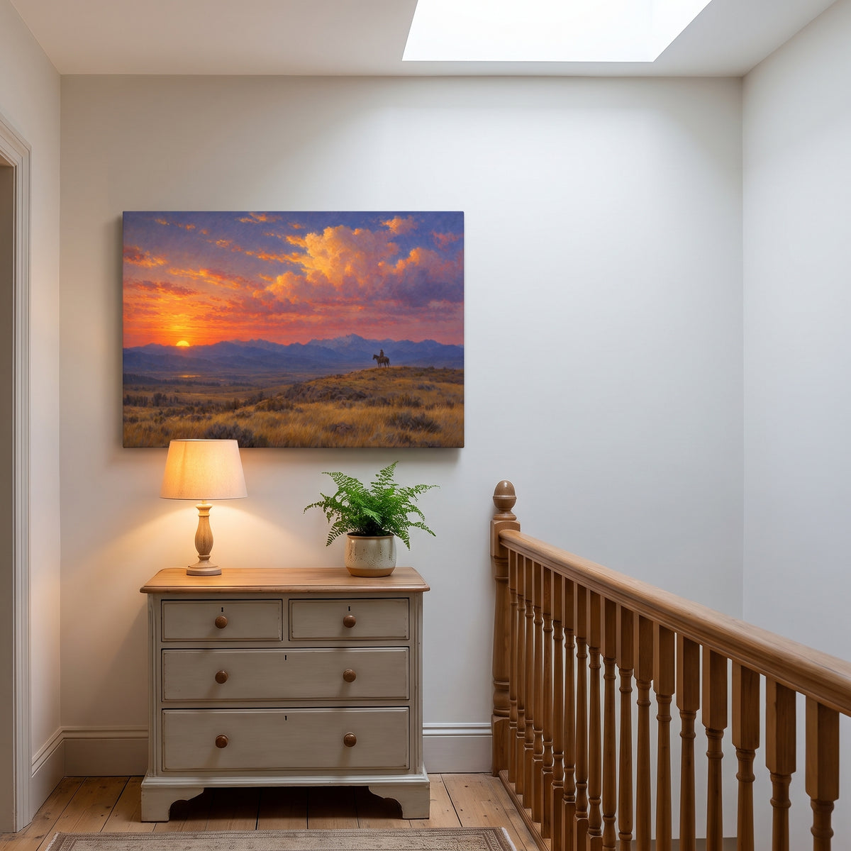 Wyoming Rider at Dusk canvas print hanging in a home interior