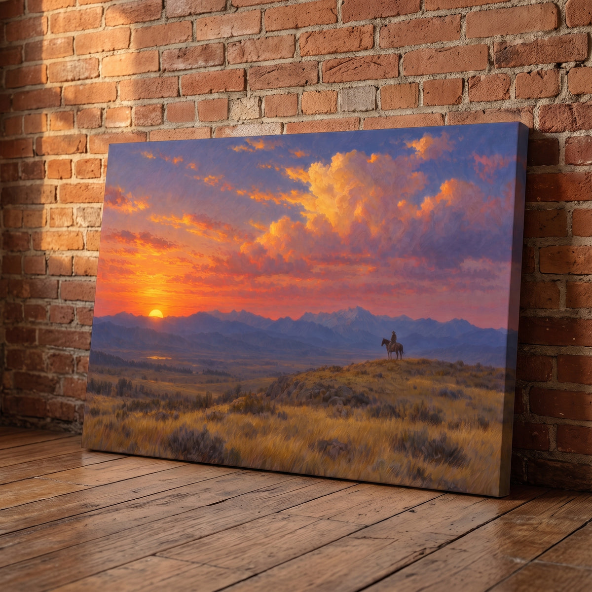 Wyoming Rider at Dusk canvas print leaning against a wall