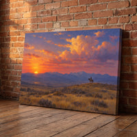 Wyoming Rider at Dusk canvas print leaning against a wall