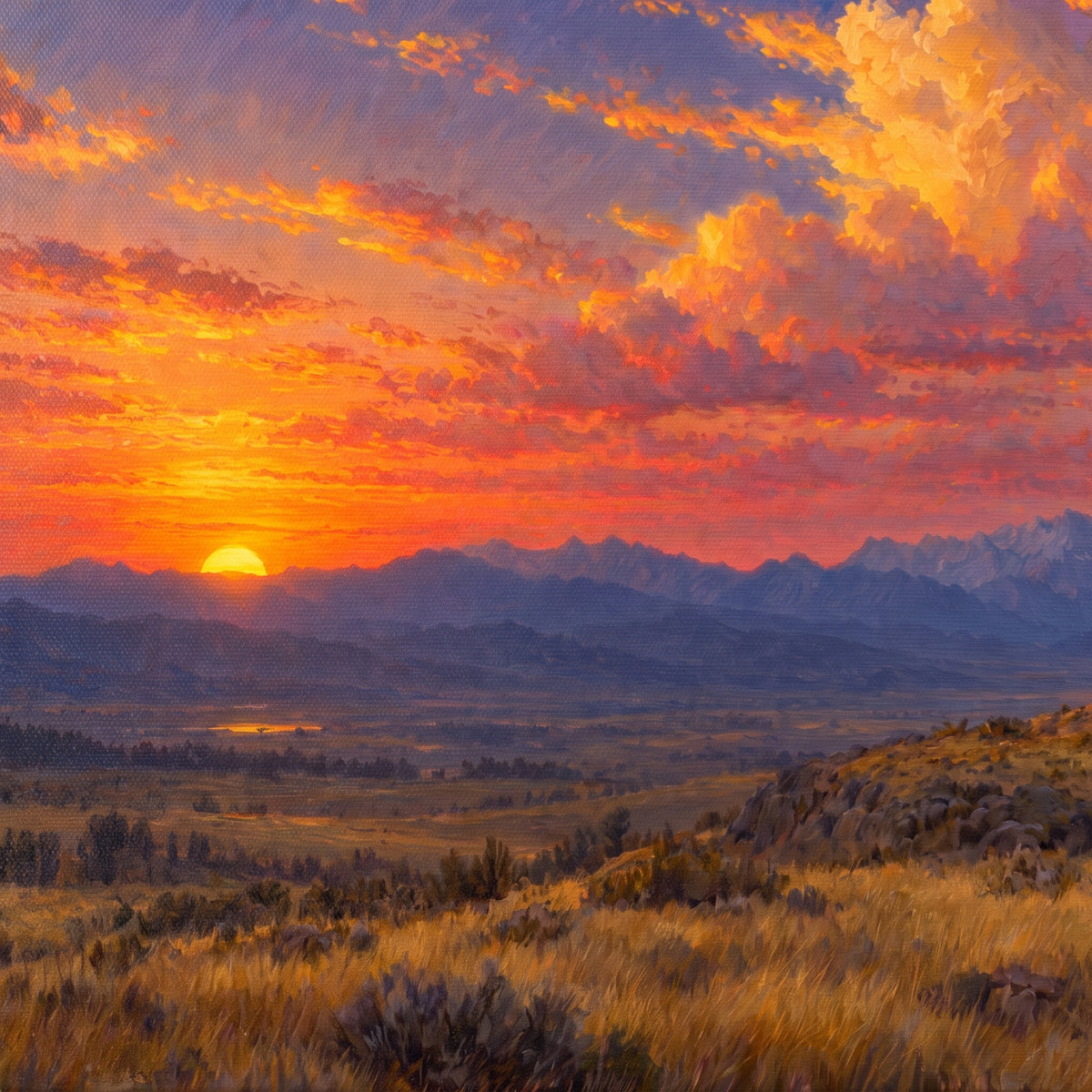 Wyoming Rider at Dusk — close-up of the canvas weave and print detail