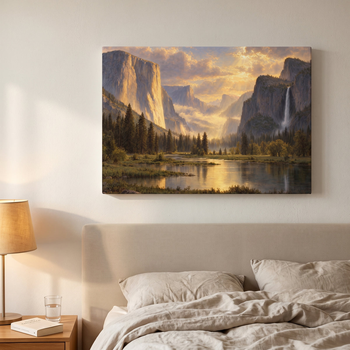 Yosemite Valley in Golden Light canvas print hanging in a home interior
