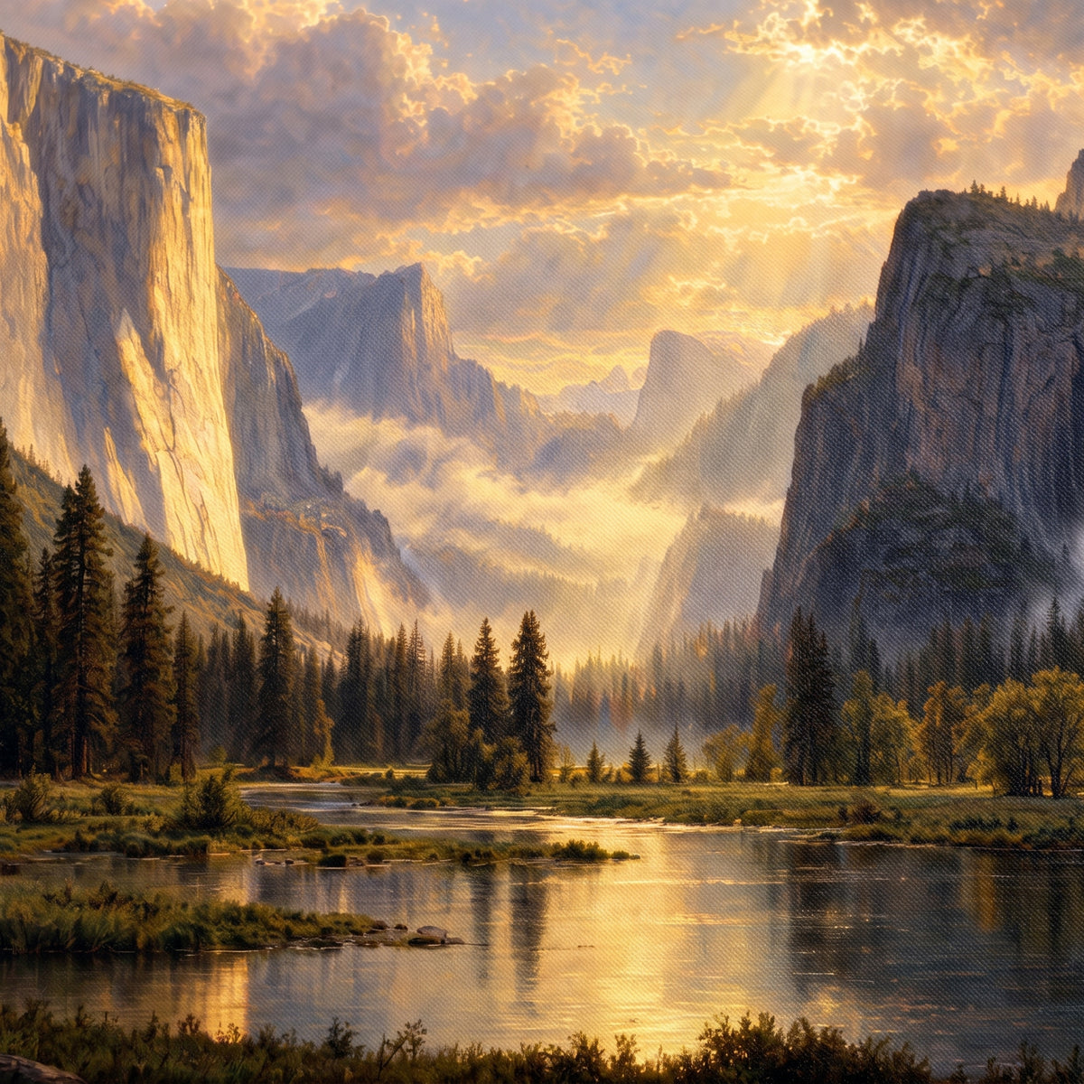 Yosemite Valley in Golden Light — close-up of the canvas weave and print detail