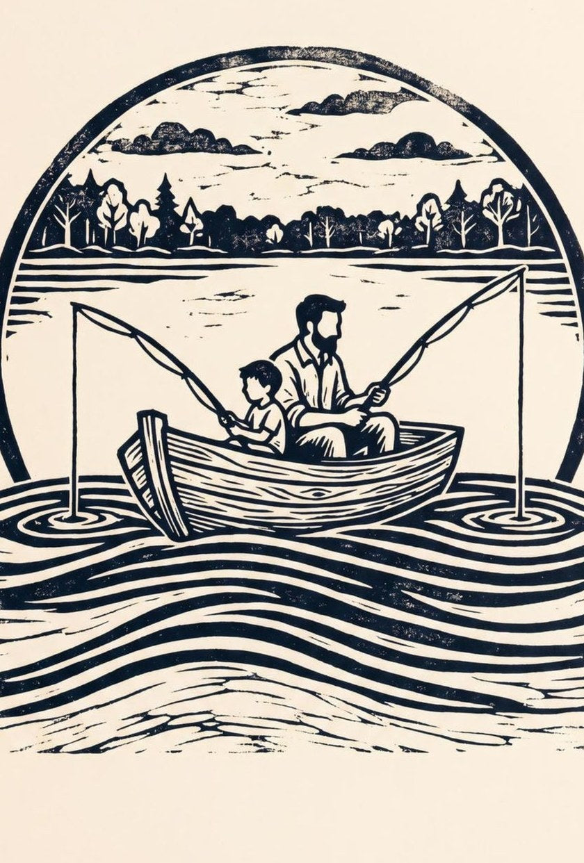 Gone Fishing — Linocut — detail of the artwork