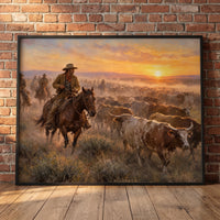The Cattle Drive — Sunset: cowboys driving a longhorn herd across the prairie at sunset, western framed wall art leaning against a red brick wall