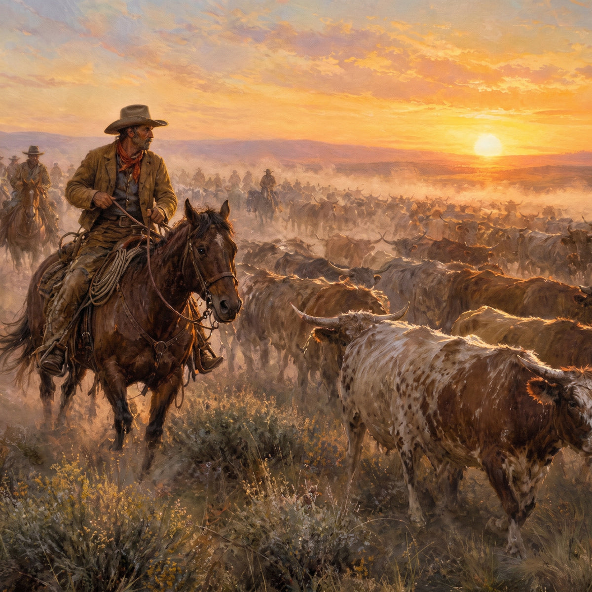 Close-up of The Cattle Drive — Sunset showing the fine-art paper texture and print detail