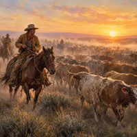 Close-up of The Cattle Drive — Sunset showing the fine-art paper texture and print detail