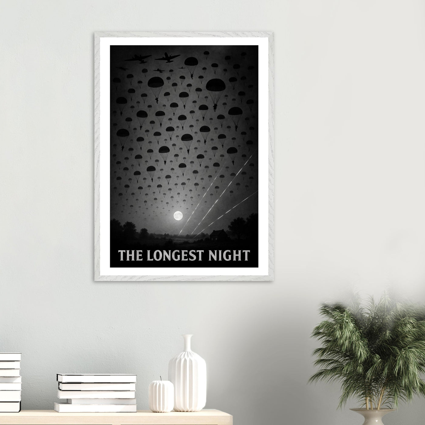 Wooden framed poster of The D-Day landings at night, ready to hang.