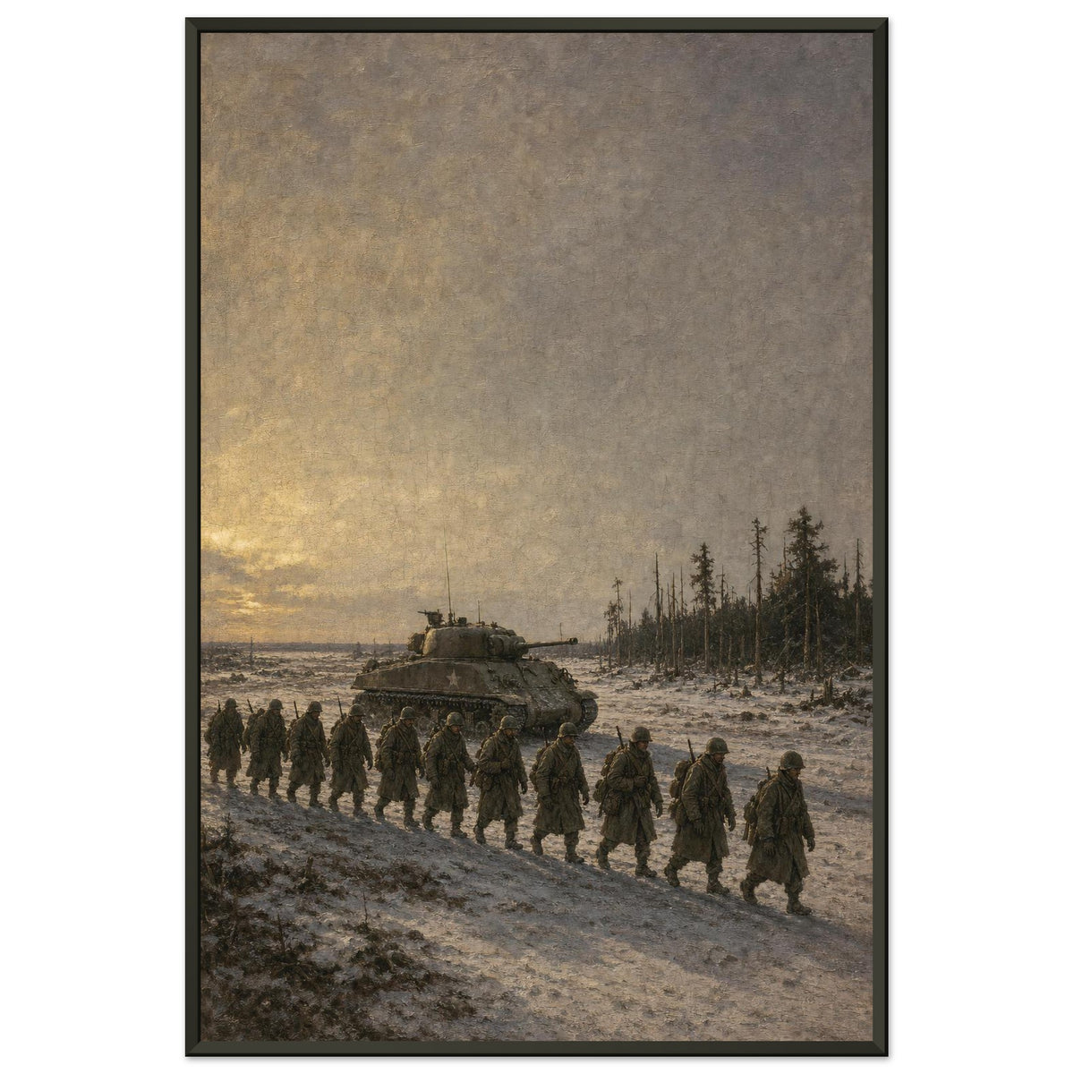 The European Theater — framed fine art print of infantry marching past a Sherman in snow, 24x36″ in a black frame