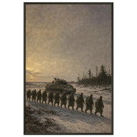 The European Theater — framed fine art print of infantry marching past a Sherman in snow, 24x36″ in a black frame
