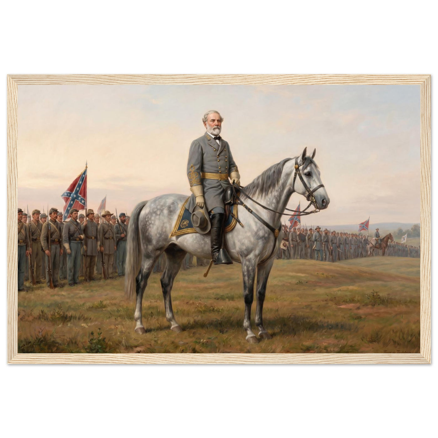 Framed equestrian painting of General Lee mounted with his Confederate generals, in a solid wood frame.