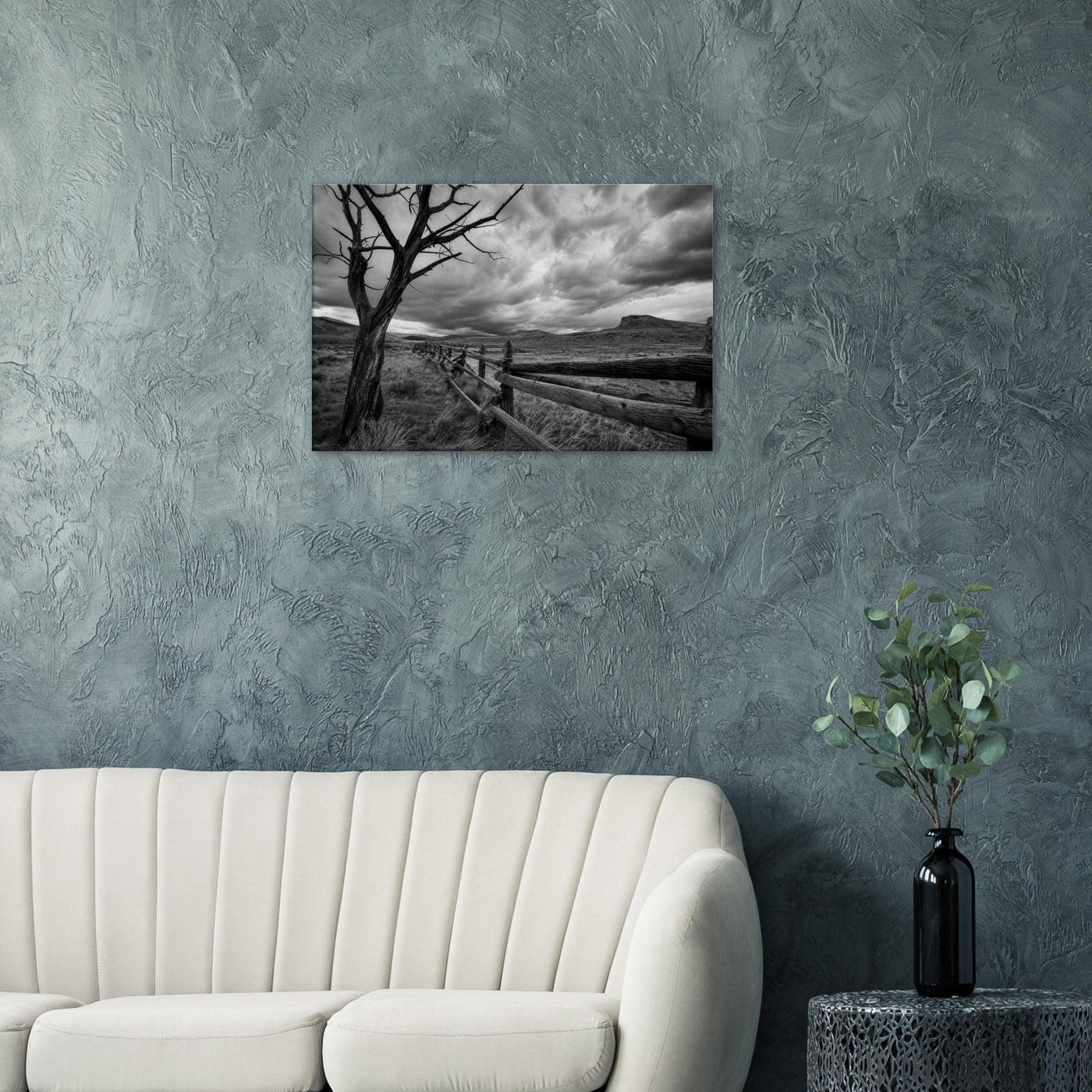 Canvas print of a lone tree and rustic fence — room view, ready to hang.