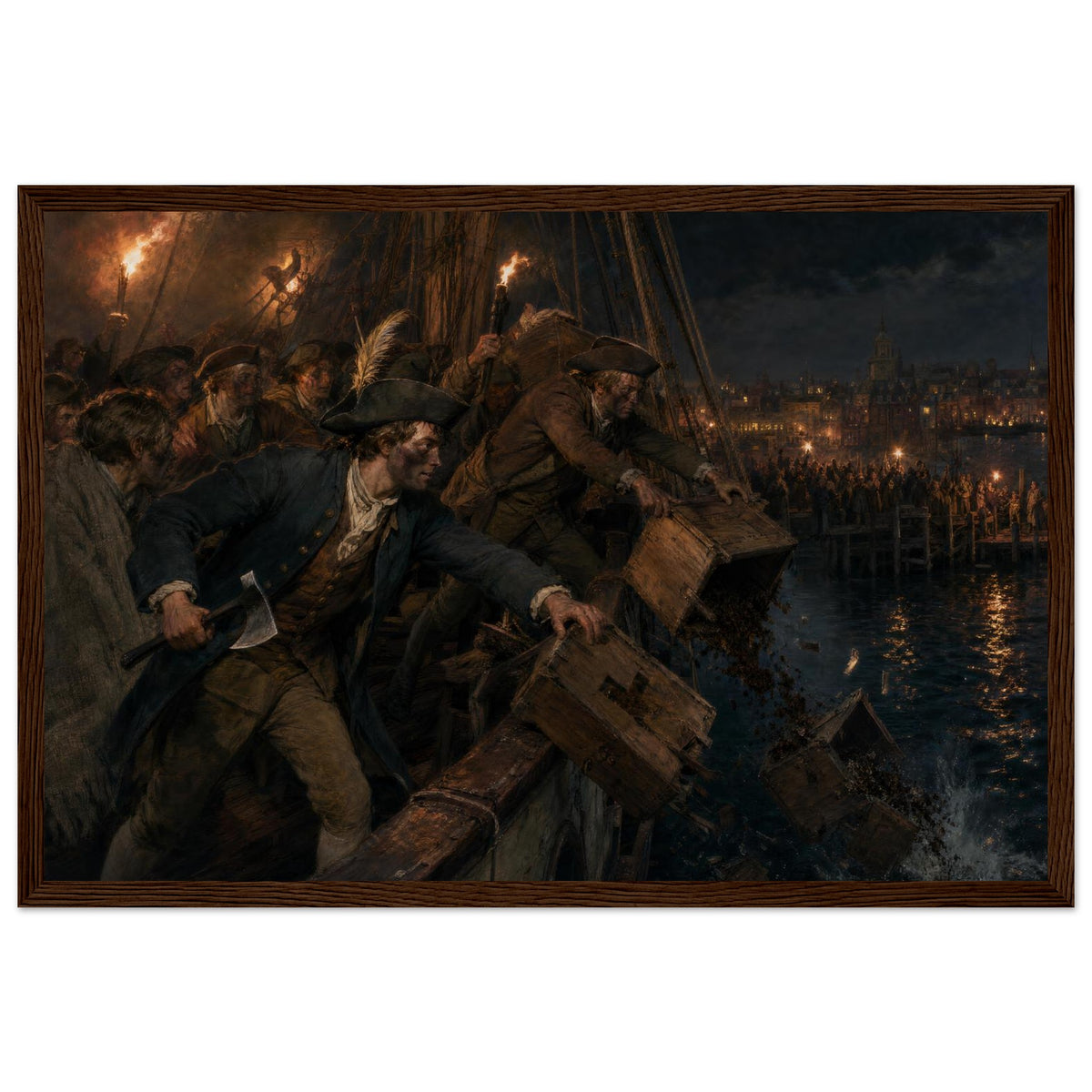 Framed print of the Boston Tea Party, ready to hang.