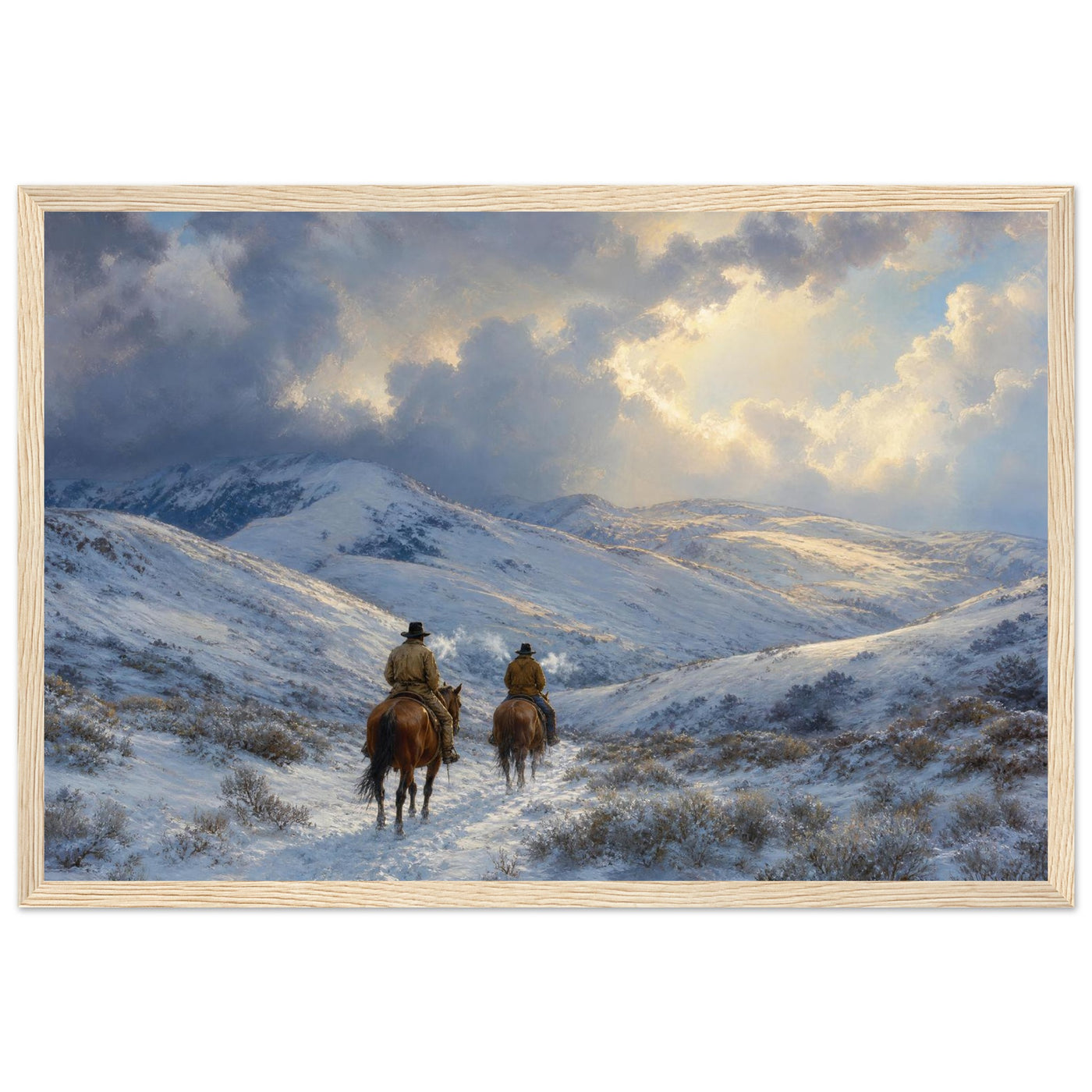 Framed panoramic art print of two riders on horseback crossing a snowy winter trail, in a solid wood frame.
