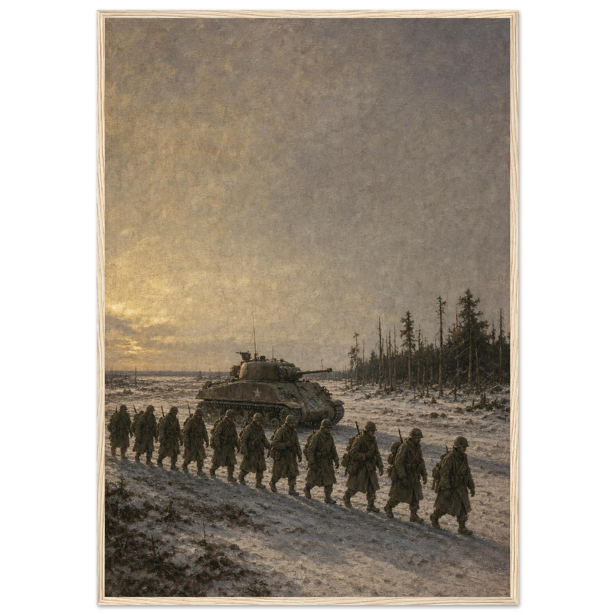 The European Theater — framed fine art print of infantry marching past a Sherman in snow, 28x40″ in a natural wood frame