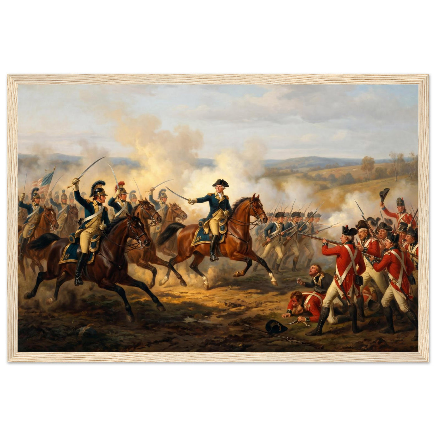Framed art print of a mounted officer leading a Civil War cavalry charge with the colors, in a solid wood frame.