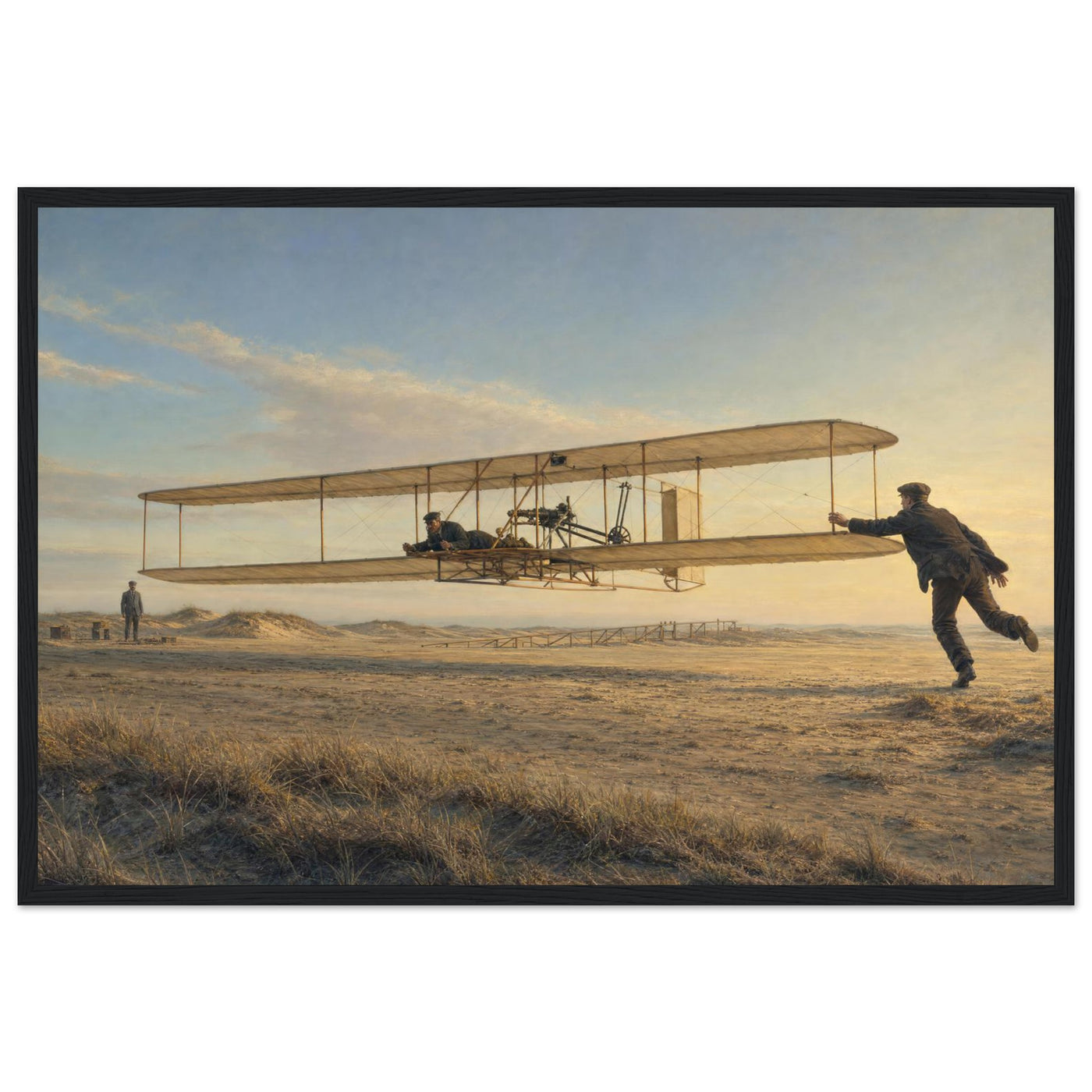 Wooden framed print of the Wright Brothers' first flight — room view, ready to hang.