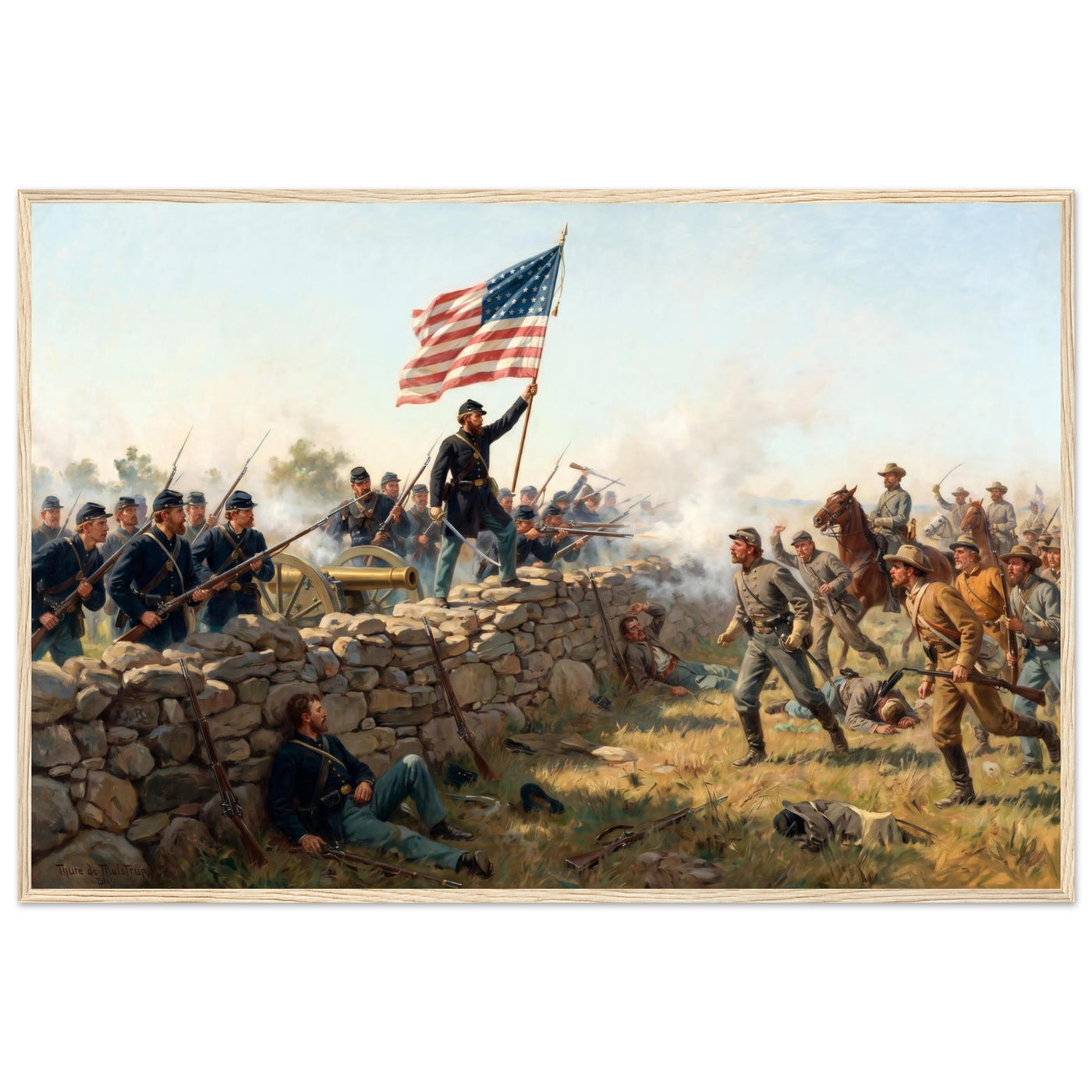 Framed art print of a Union soldier raising the Stars and Stripes amid the smoke of battle, in a solid wood frame.
