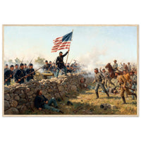 Framed art print of a Union soldier raising the Stars and Stripes amid the smoke of battle, in a solid wood frame.