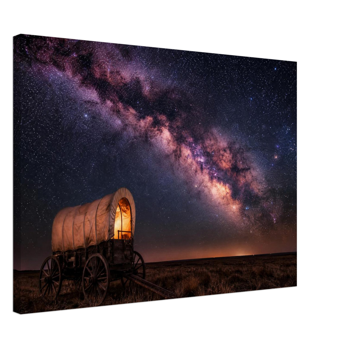 Canvas print of a wagon trail under the Milky Way — room view, ready to hang.