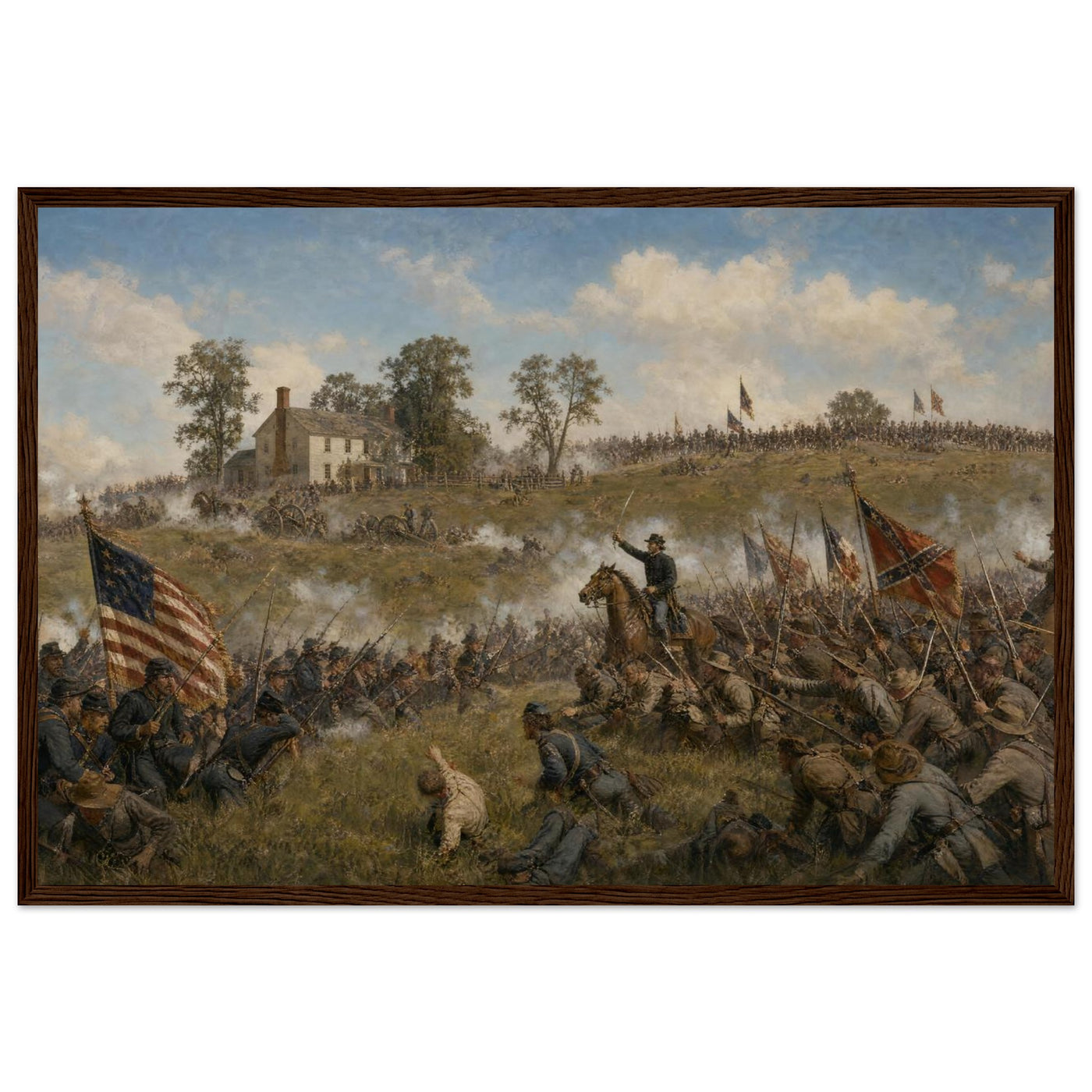 Framed panoramic art print of Confederate troops advancing across the open field during Pickett's Charge at Gettysburg, in a solid wood frame.