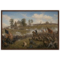 Framed panoramic art print of Confederate troops advancing across the open field during Pickett's Charge at Gettysburg, in a solid wood frame.