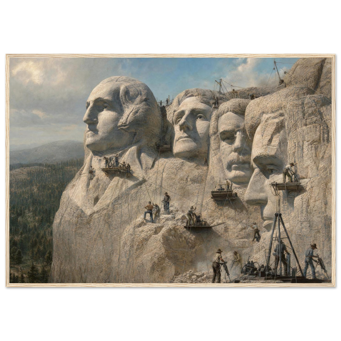 Framed panoramic art print of workers carving the presidential faces of Mount Rushmore, in a solid wood frame.