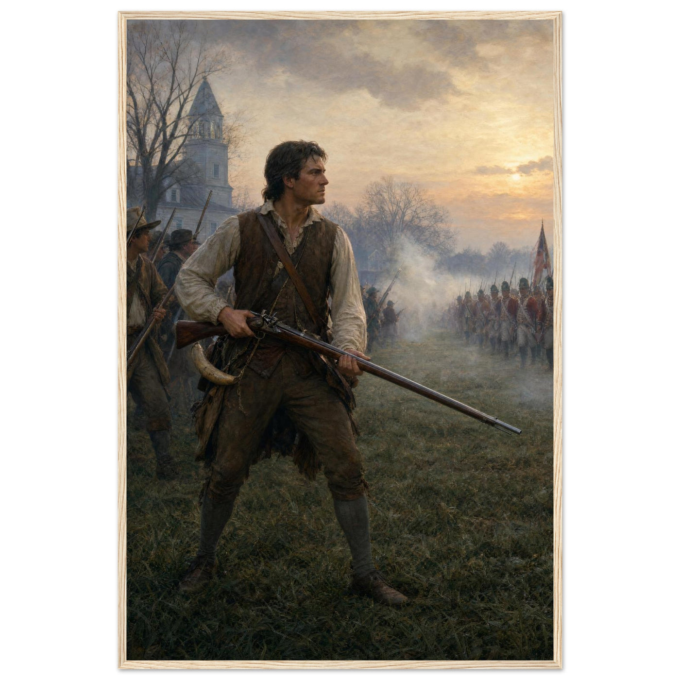 Framed print of a minuteman at the dawn of the Revolution, ready to hang.