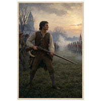 Framed print of a minuteman at the dawn of the Revolution, ready to hang.