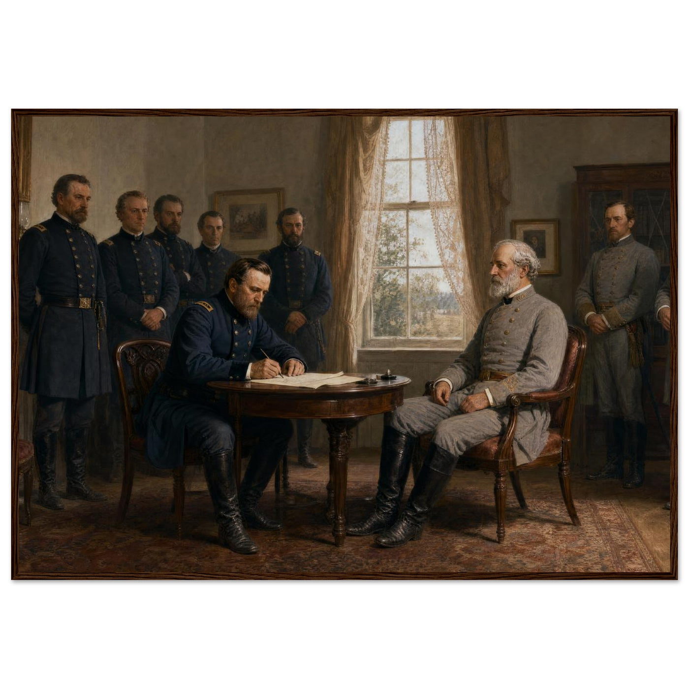 Framed historical painting of General Lee surrendering to General Grant at Appomattox Court House, in a solid wood frame.