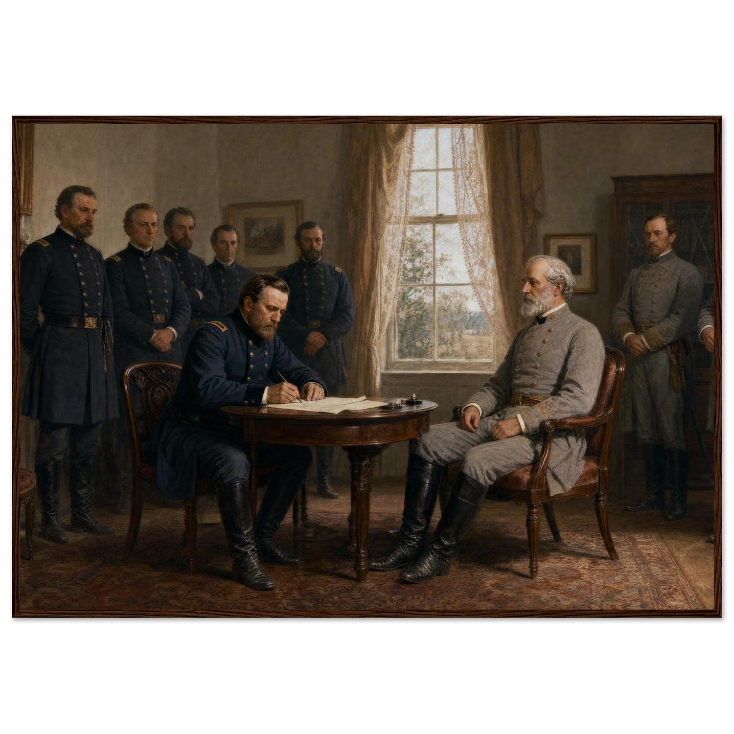 Framed historical painting of General Lee surrendering to General Grant at Appomattox Court House, in a solid wood frame.