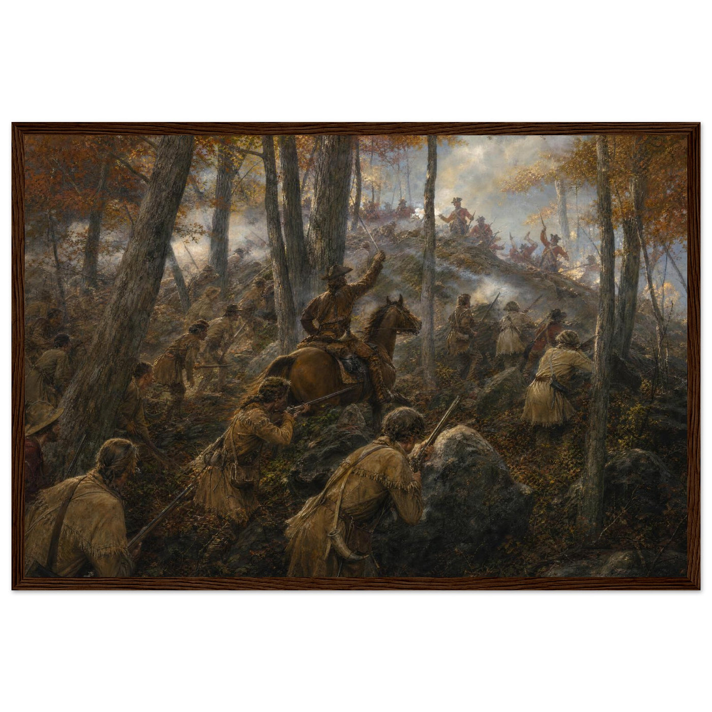 Framed print of a Revolutionary ambush in the northern woods, ready to hang.