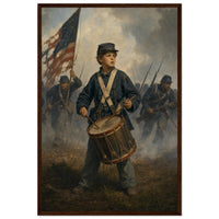 Framed print of a Union drummer boy on the battlefield, ready to hang.