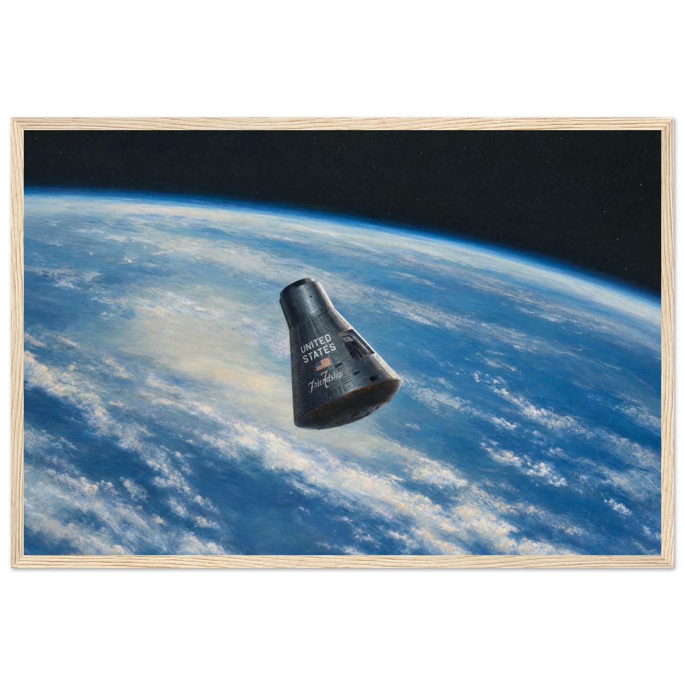 Framed panoramic art print of the Friendship 7 capsule orbiting Earth against the black of space, in a solid wood frame.