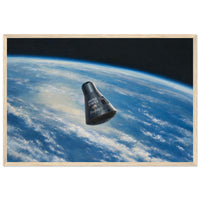 Framed panoramic art print of the Friendship 7 capsule orbiting Earth against the black of space, in a solid wood frame.