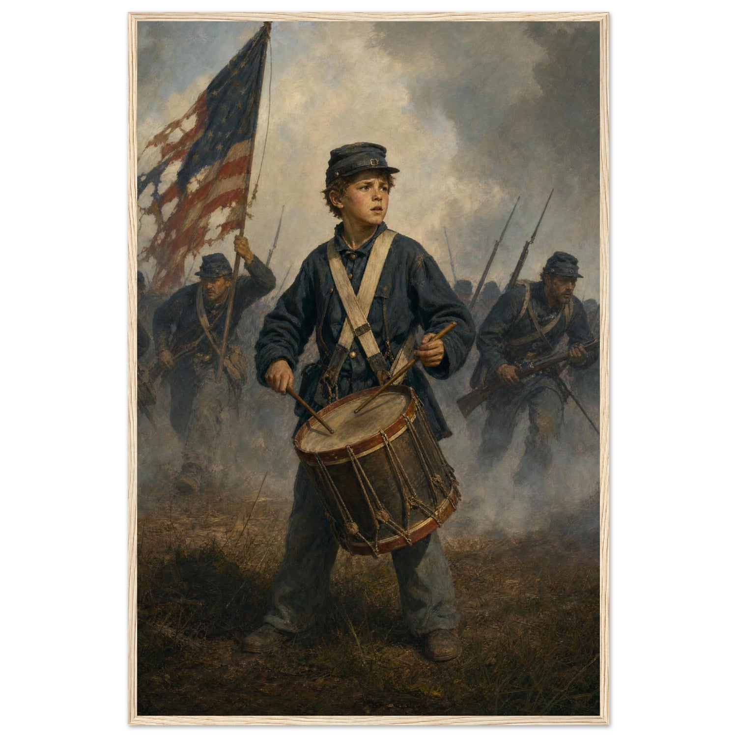 Framed print of a Union drummer boy on the battlefield, ready to hang.