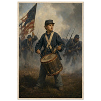 Framed print of a Union drummer boy on the battlefield, ready to hang.