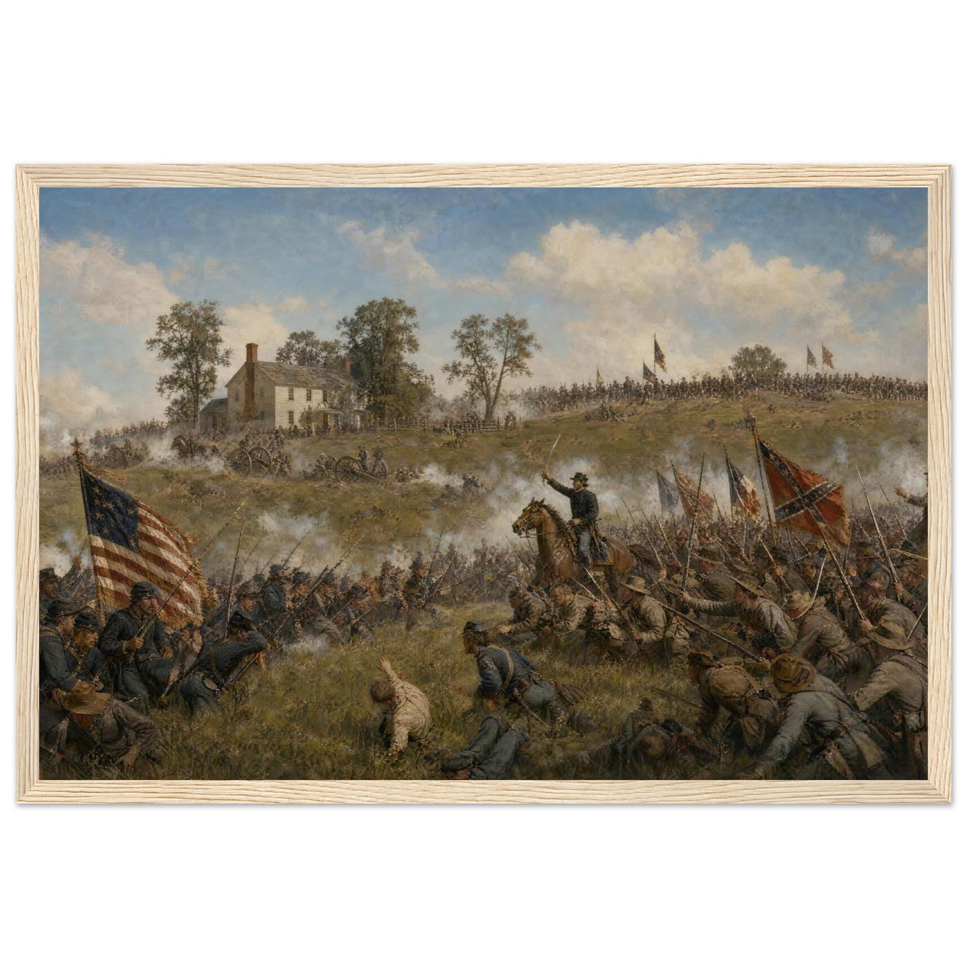 Framed panoramic art print of Confederate troops advancing across the open field during Pickett's Charge at Gettysburg, in a solid wood frame.