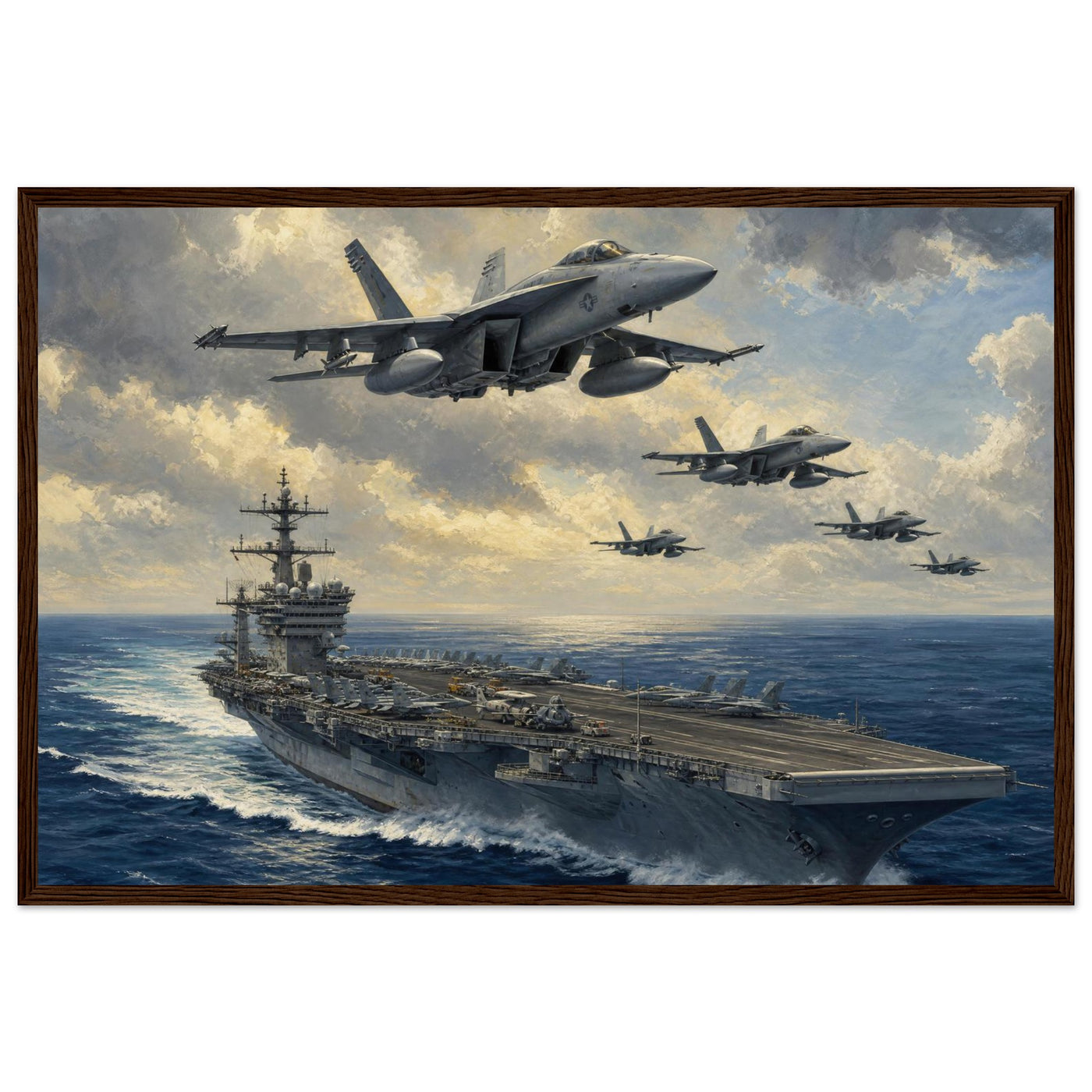 Wooden framed print of a U.S. Navy supercarrier — room view, ready to hang.