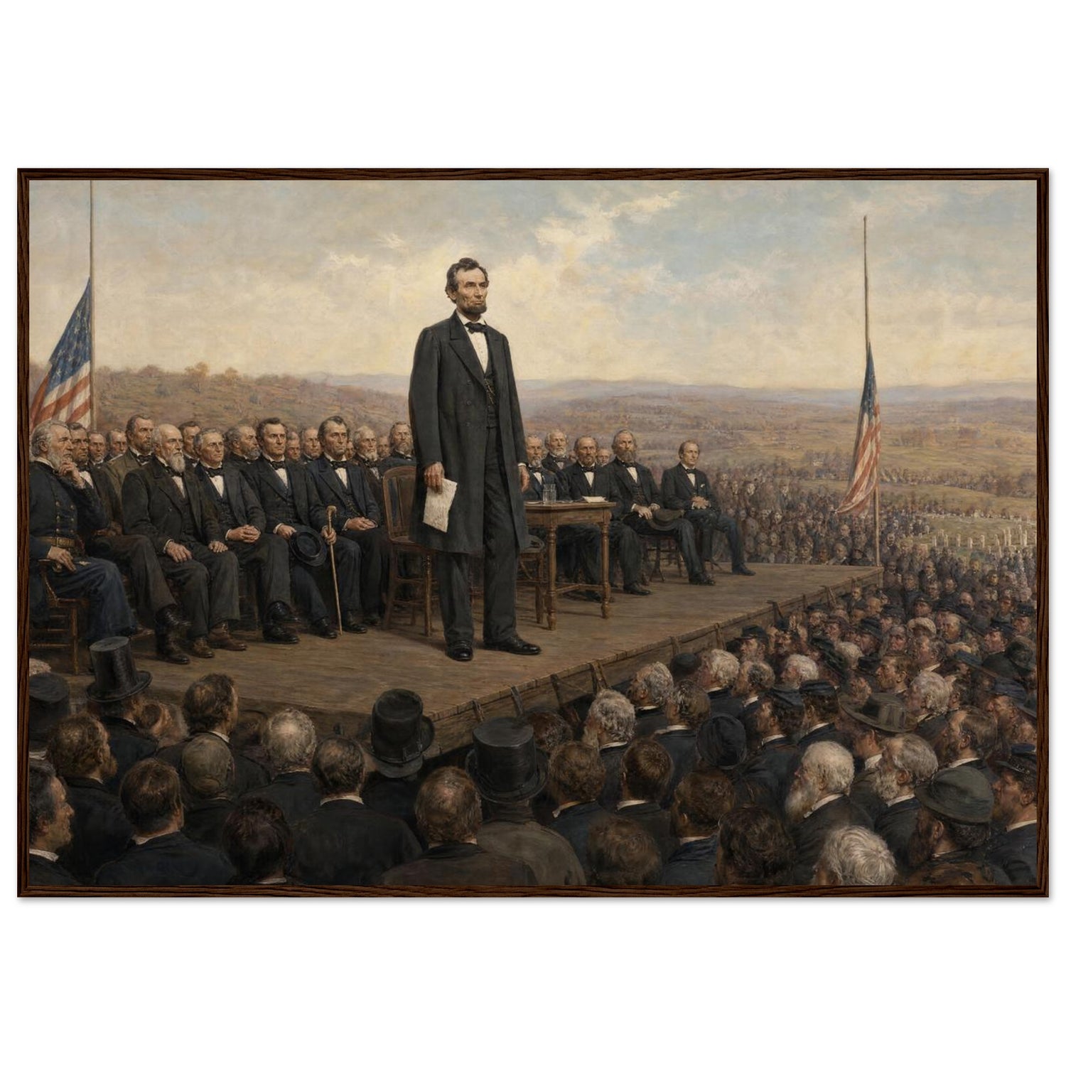 Framed art print of President Lincoln addressing the crowd at Gettysburg from a draped platform, in a solid wood frame.