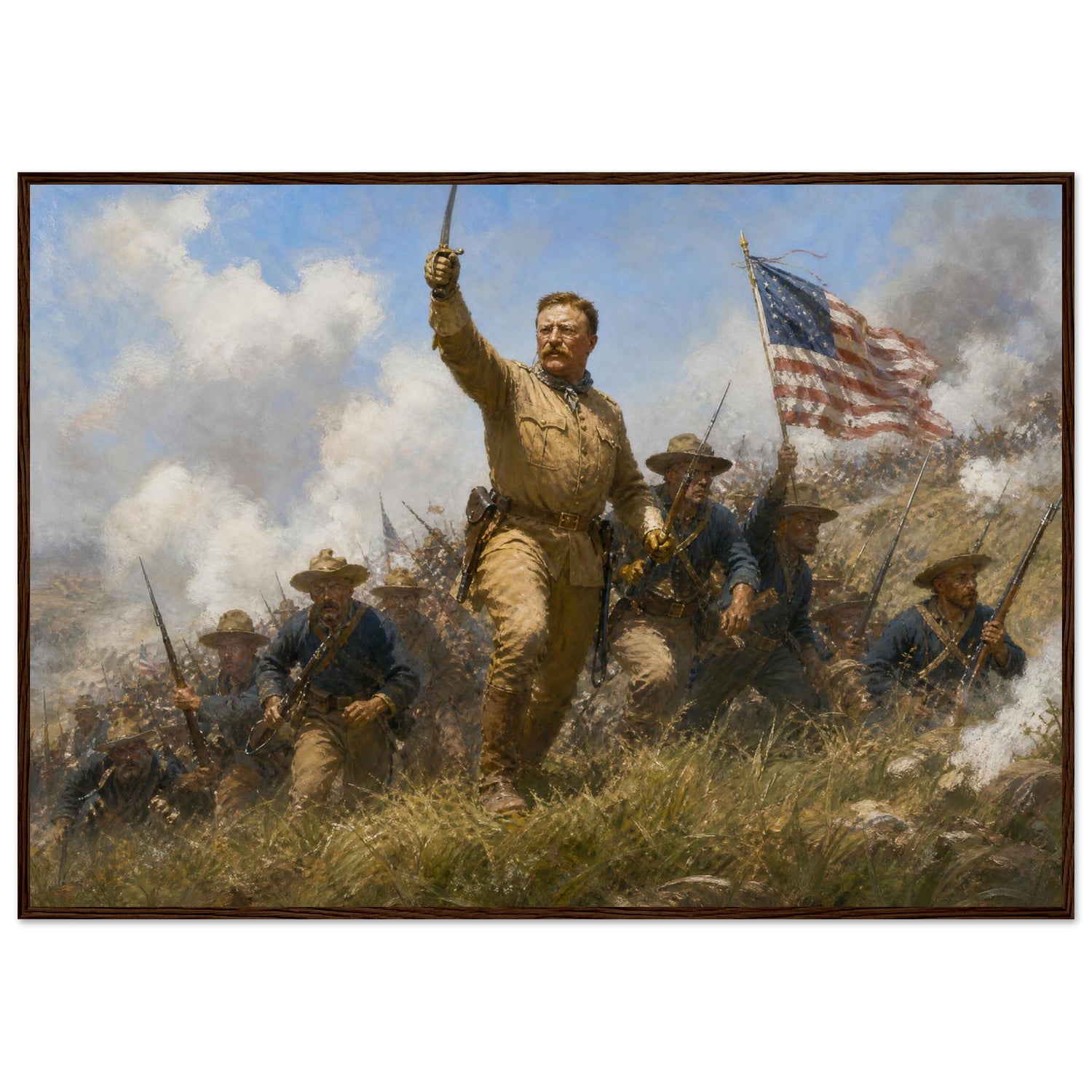 Wooden framed print of Roosevelt and the Rough Riders — room view, ready to hang.