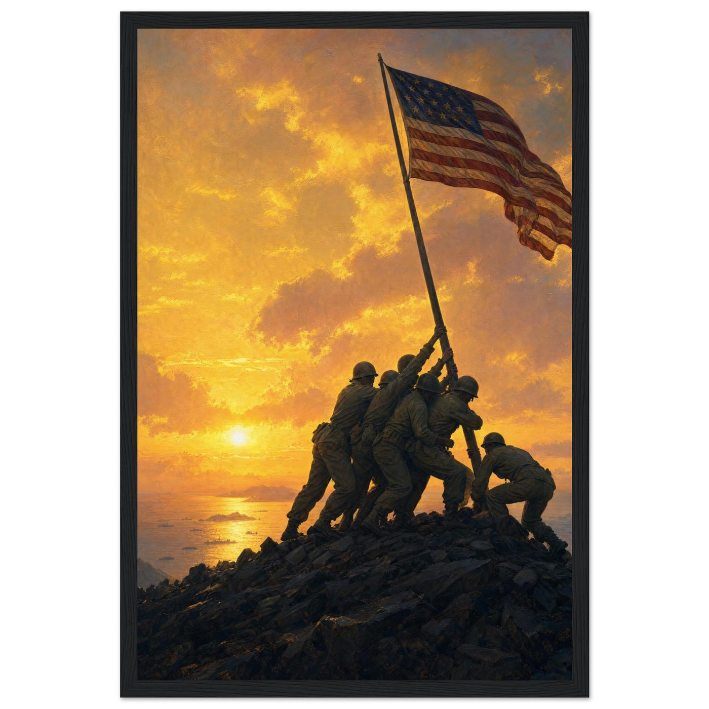 Wooden framed print of the flag raising on Iwo Jima — room view, ready to hang.