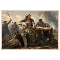 Framed art print of a woman standing defiantly at a cannon amid fallen soldiers on the battlefield, in a solid wood frame.