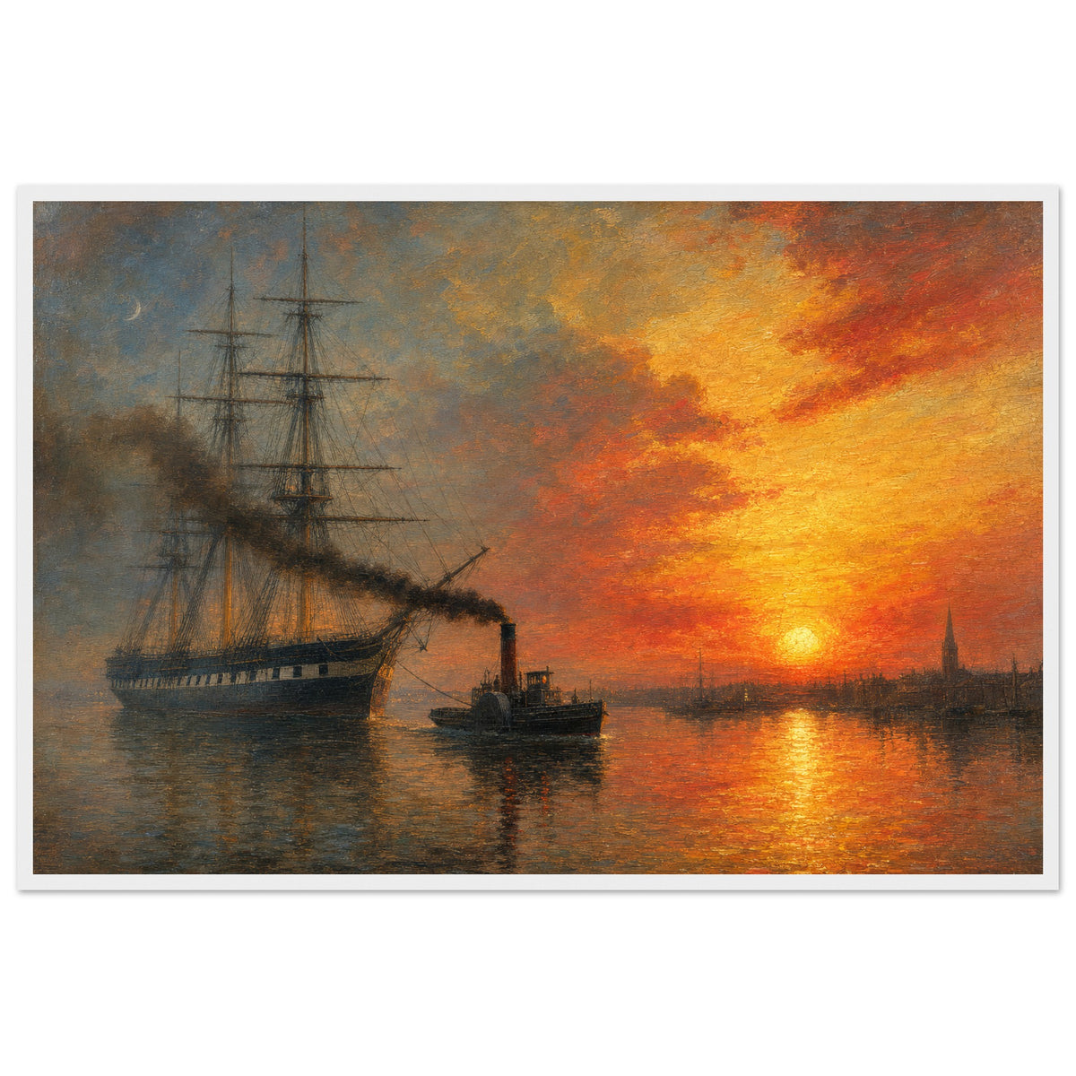 Old Ironsides at Sunset — framed fine art print of a three-masted frigate towed by a small black tug across still water under an orange sunset, in a white frame