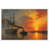 Old Ironsides at Sunset — framed fine art print of a three-masted frigate towed by a small black tug across still water under an orange sunset, in a white frame
