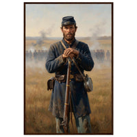Framed portrait of a Union soldier standing with his rifle, ready to hang.