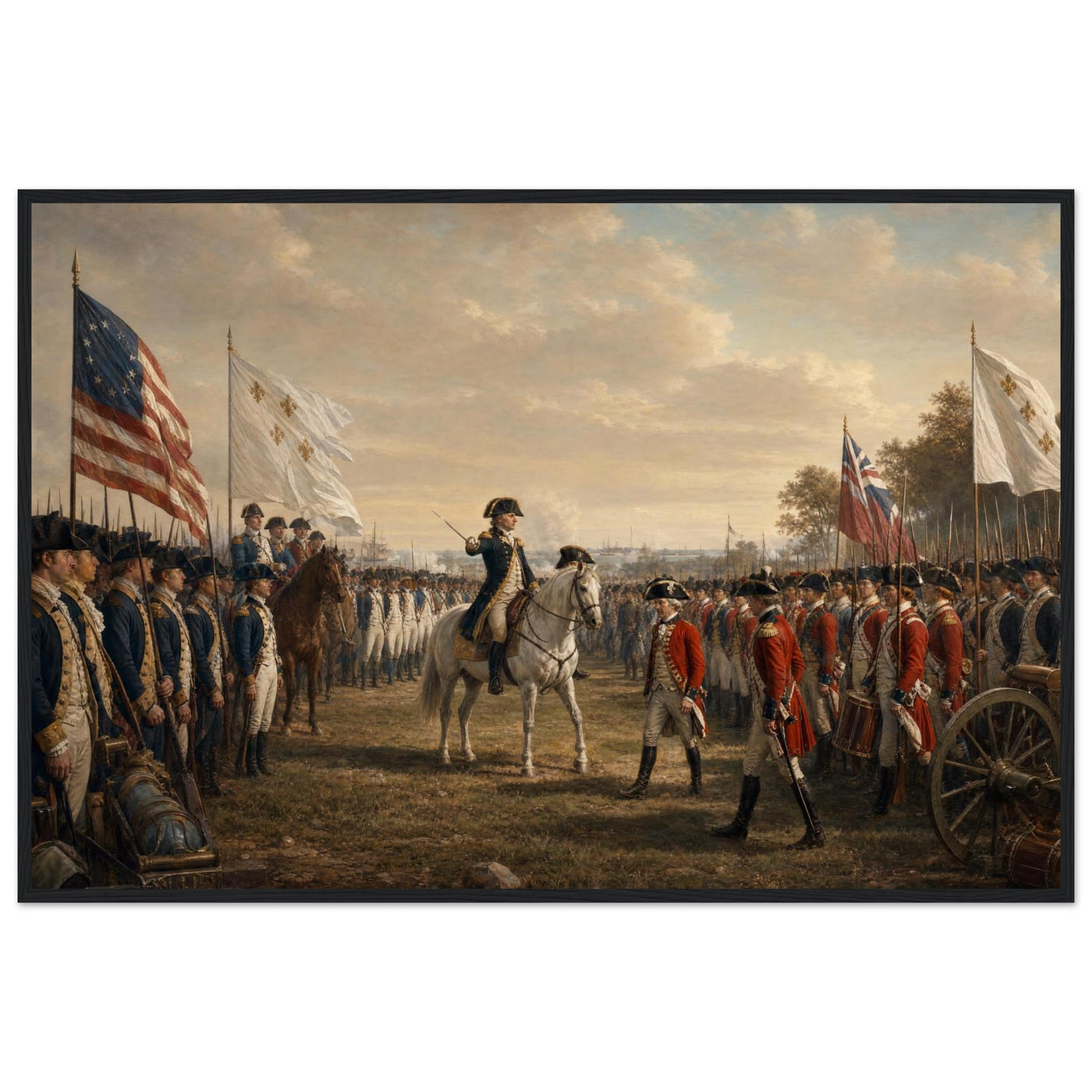 Wooden framed print of the surrender at Yorktown — room view, ready to hang.
