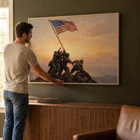 Man hanging the Dawn Over Mount Suribachi framed print on the wall
