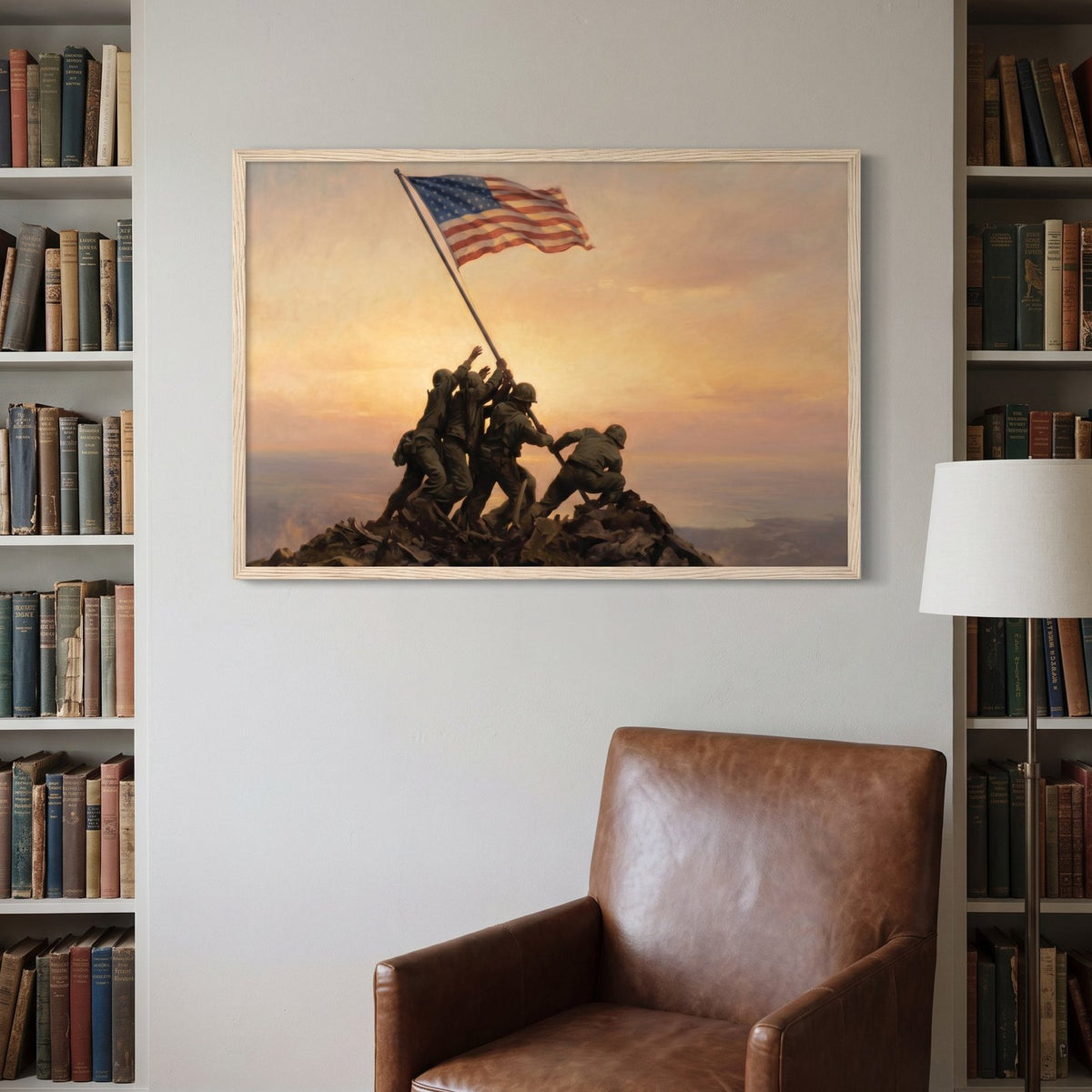Dawn Over Mount Suribachi framed print on a library wall between bookshelves