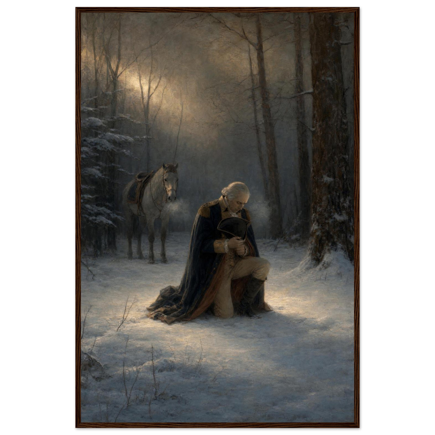 Framed print of Washington praying in the snow at Valley Forge, ready to hang.