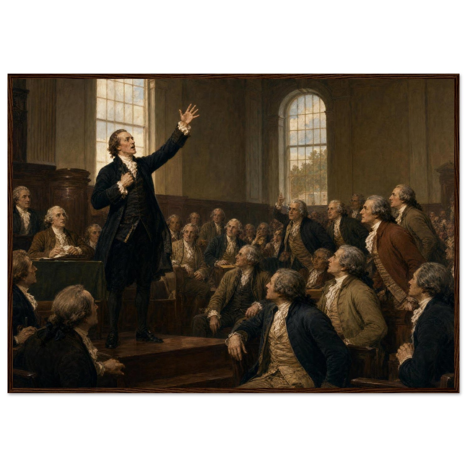 Framed art print of an impassioned orator with raised arm addressing a seated assembly, in a solid wood frame.